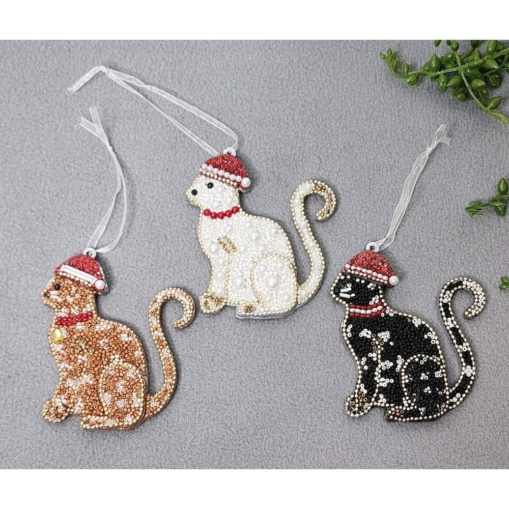 Beaded Cat Kitten Christmas Ornaments Santa Hats Glittered 3 Pc Cat Lover 4" NEW